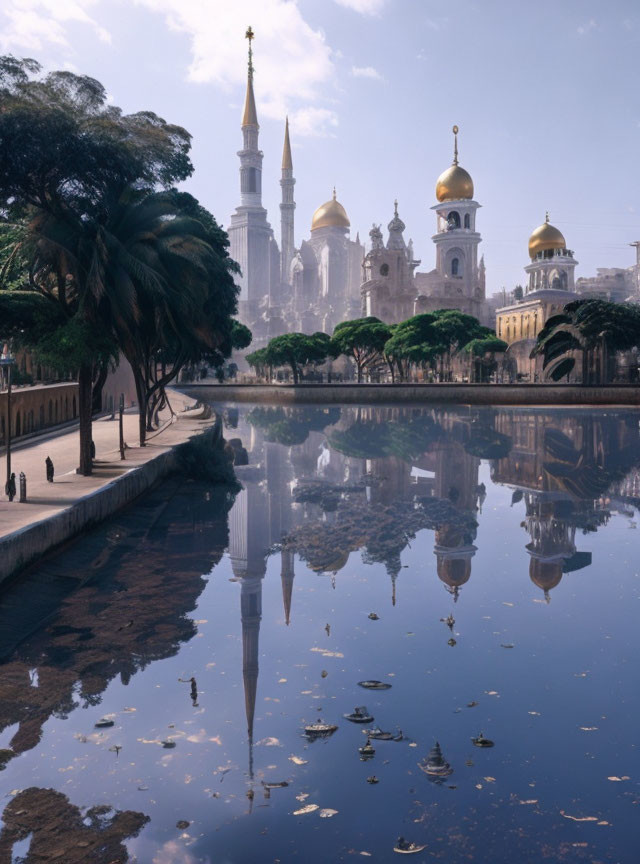 Golden-domed buildings and minarets by a calm canal with palm-lined path under blue sky