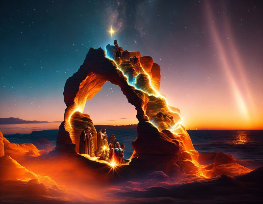 People on Glowing Rock Arch at Sunset with Shooting Star