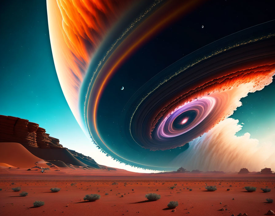 Surreal landscape with giant ringed planet and black hole above desert