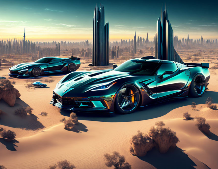 Futuristic sports cars and tall buildings in desert setting