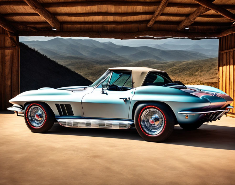 Vintage Blue Corvette with White Convertible Top in Wooden Structure