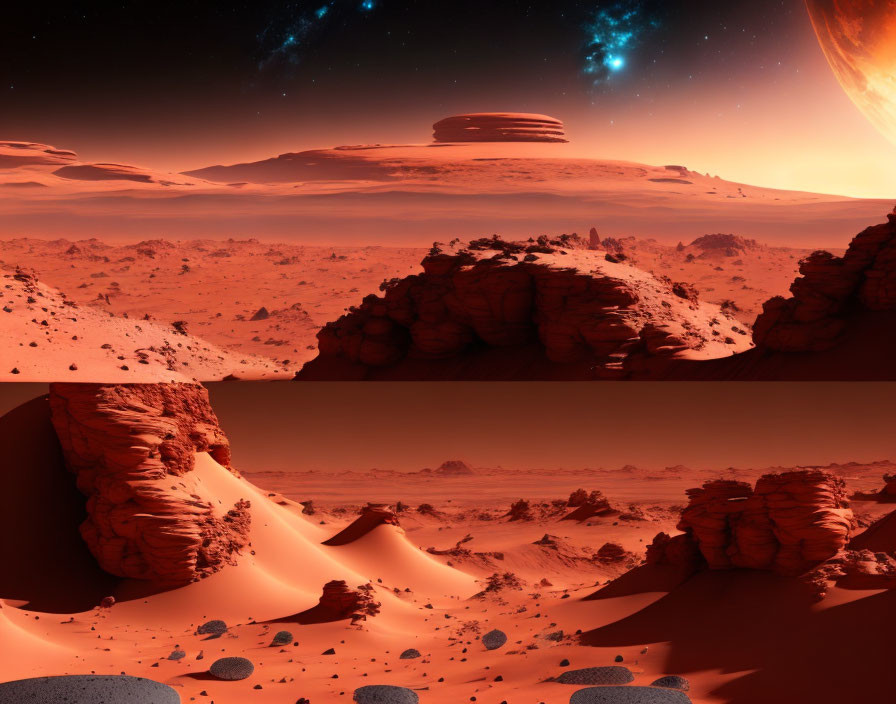 Panoramic Mars-like landscape with rocky outcroppings, red desert sands, starry sky