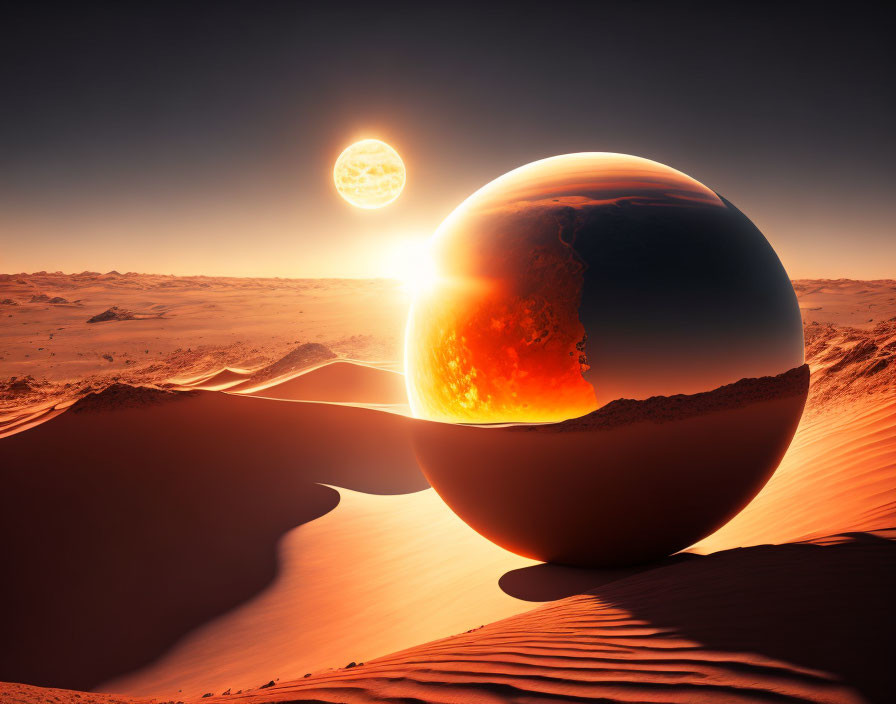 Glass sphere reflecting molten core on sand dunes under orange sky