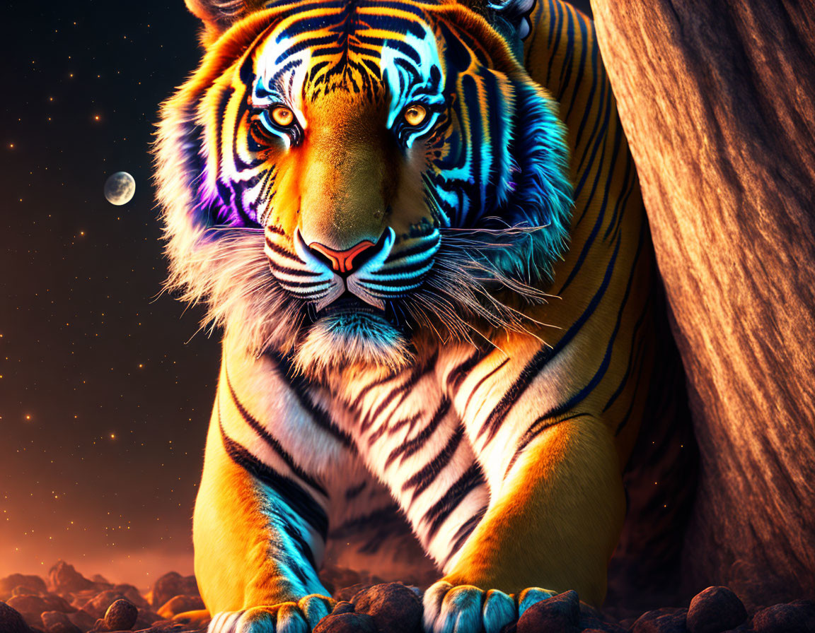 Digitally-enhanced image of a tiger under a starry night sky