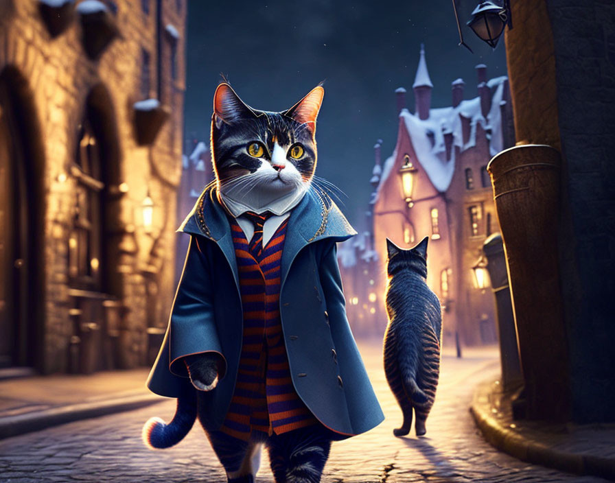 Anthropomorphic cat in coat and tie on cobblestone street at night in lantern-lit village