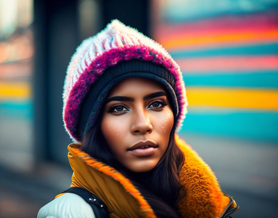 Colorful makeup woman in beanie with yellow scarf and white jacket