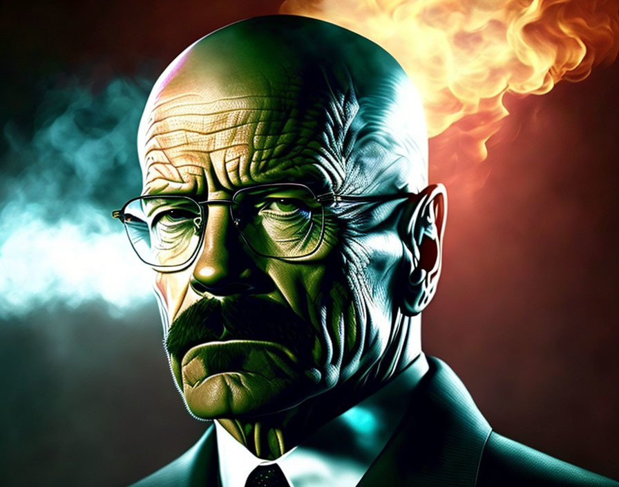 Bald Man with Glasses and Goatee in Stern Expression on Fiery Background