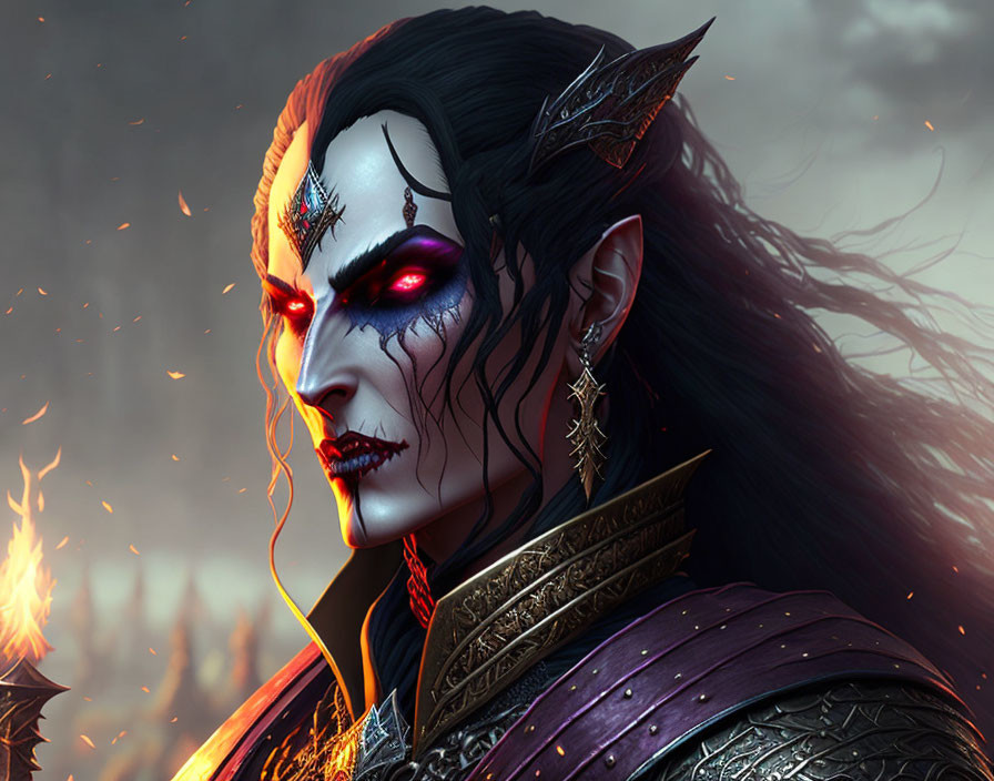 Fantasy character with pale skin, red eyes, dark hair, pointed ears, and dark armor on