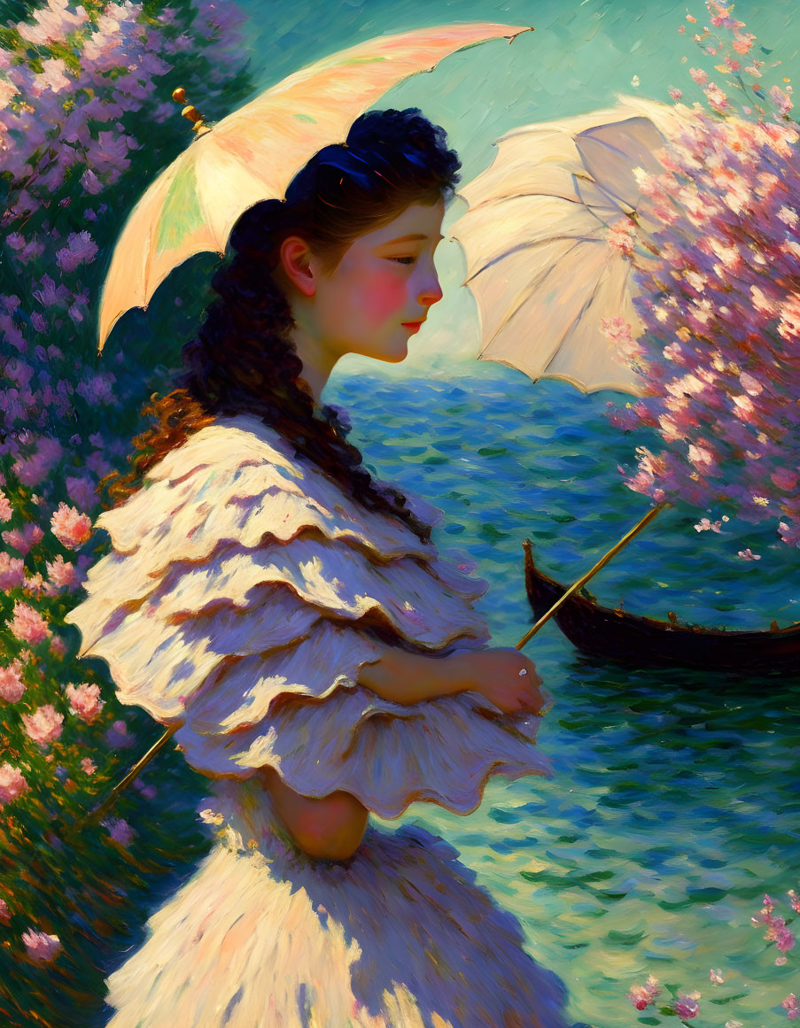 Victorian woman with parasol near blooming trees and boat in impressionist painting