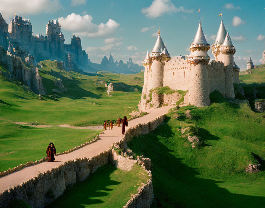 Medieval castle with pointed spires in green landscape under blue sky.