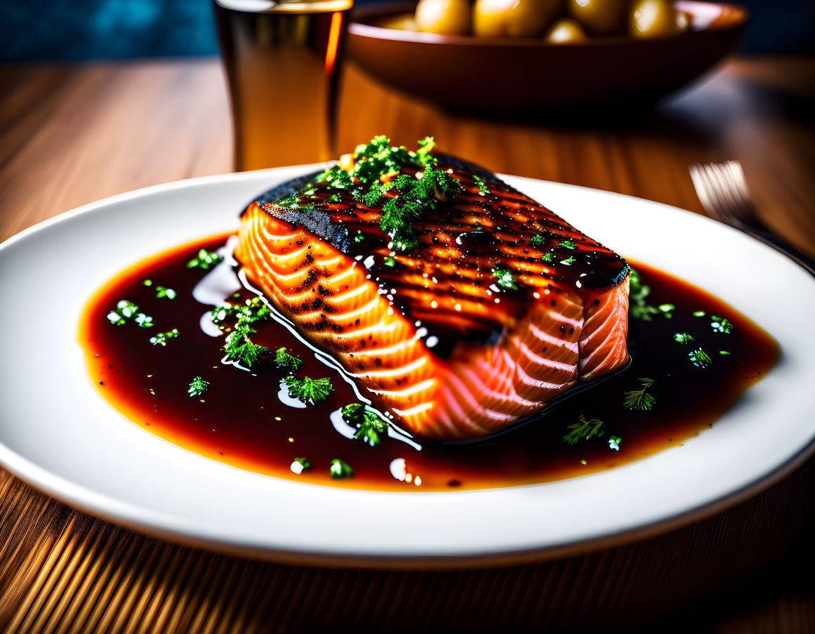 Salmon Fillet with Herb Garnish and Dark Sauce on White Plate