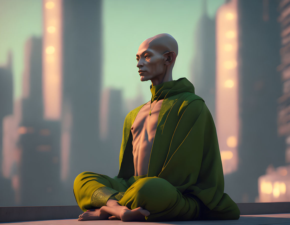 Bald figure meditates on rooftop at dawn or dusk