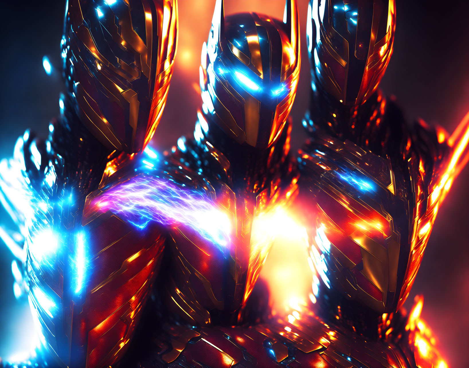 Three armored figures with glowing blue and orange lights depicting high energy.