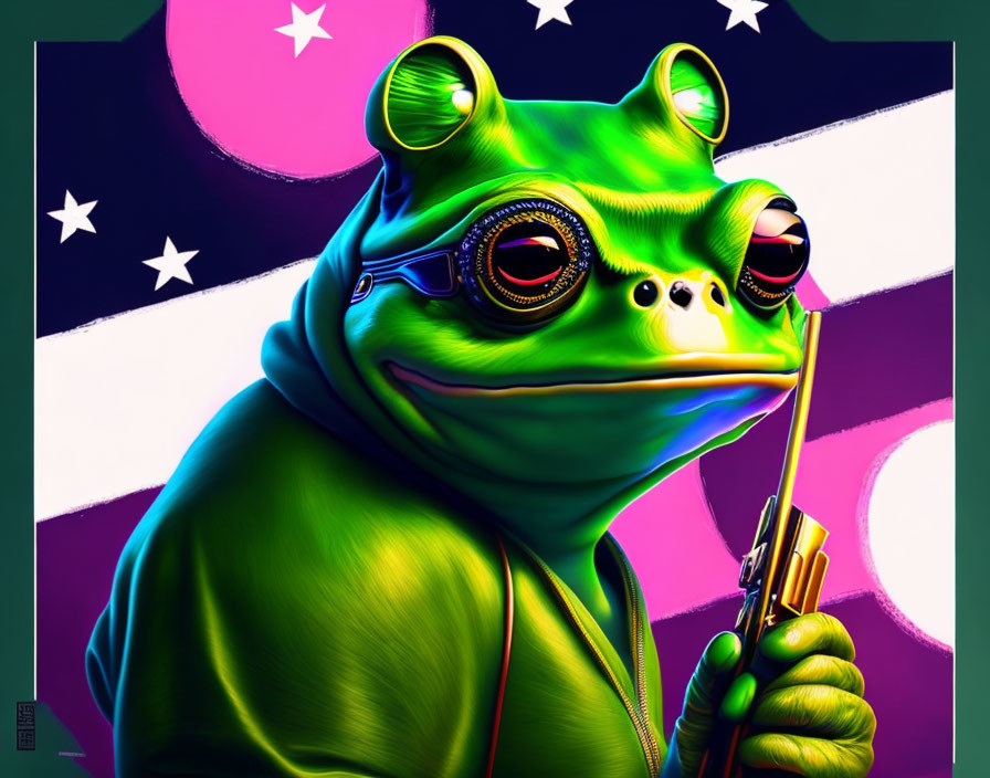 Green frog with goggles and wand on purple background - stylized illustration