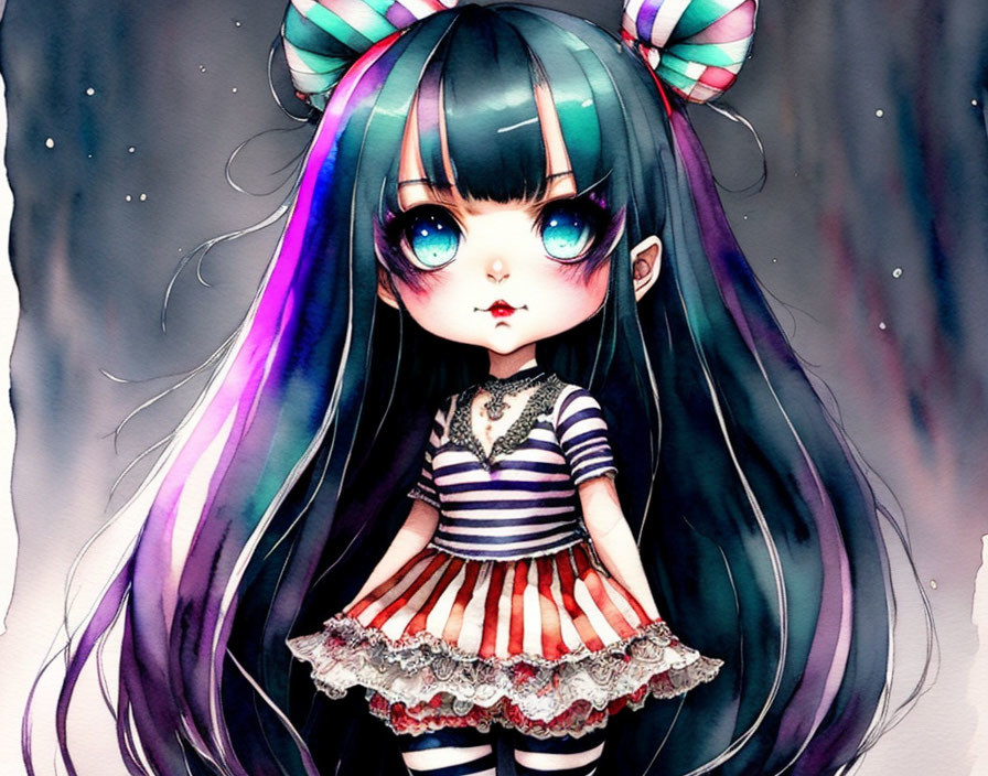 Stylized anime girl with blue eyes, black hair, purple highlights, striped dress.