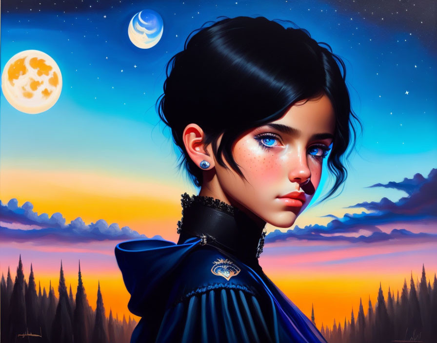 Digital artwork featuring girl with expressive blue eyes under twilight sky