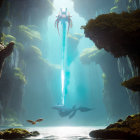 Tranquil Underwater Scene with Sunlight, Fish, Rocks, and Aquatic Plants