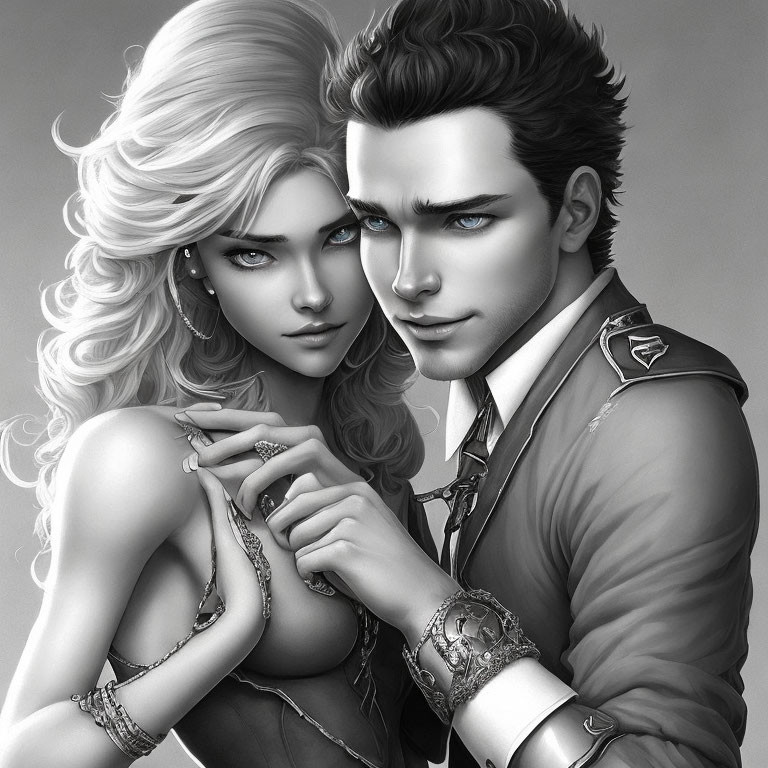 Monochrome illustration of intense couple with flowing hair and sharp gaze