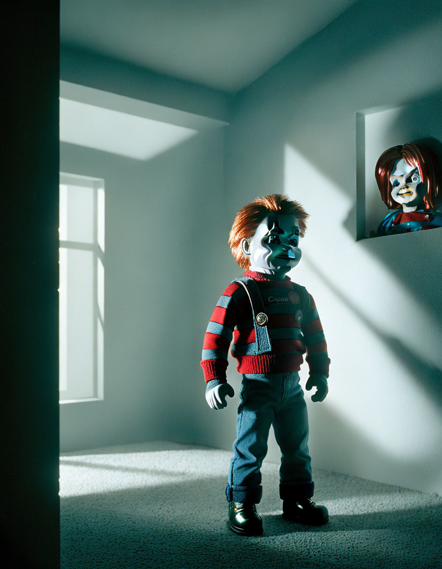 Horror franchise Chucky doll in sunlit room with shadows and mirror reflection