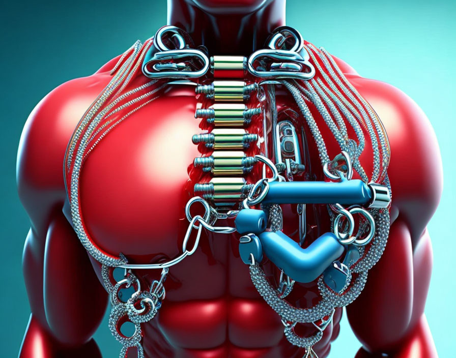 Muscular Male Torso with Opened Mechanical Spine and Cables