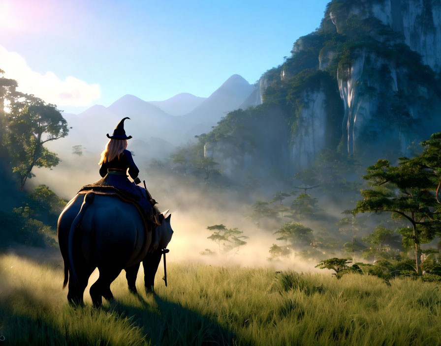 Witch on horseback in misty forest with mountains & waterfall