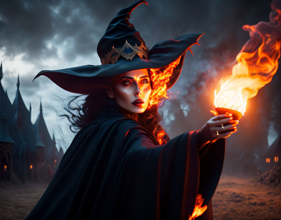 Woman in witch costume with flaming torch near dark castle