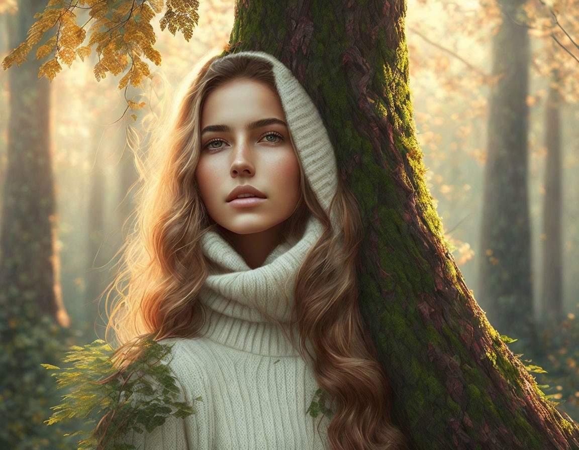 Woman in White Sweater Leaning Against Tree in Autumn Forest