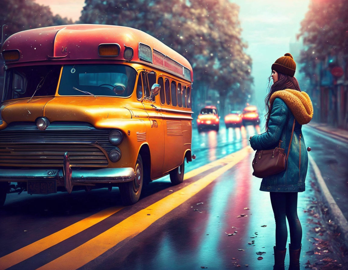 Woman by wet road gazes at vintage yellow school bus on misty autumn day.