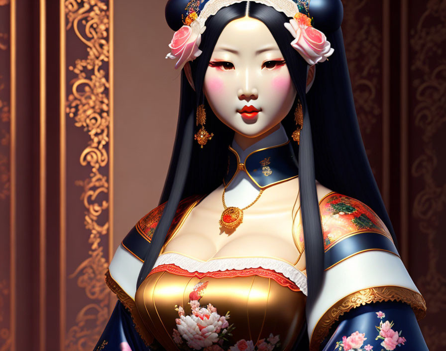 Illustrated Woman in Traditional Chinese Attire with Elaborate Hair Ornaments