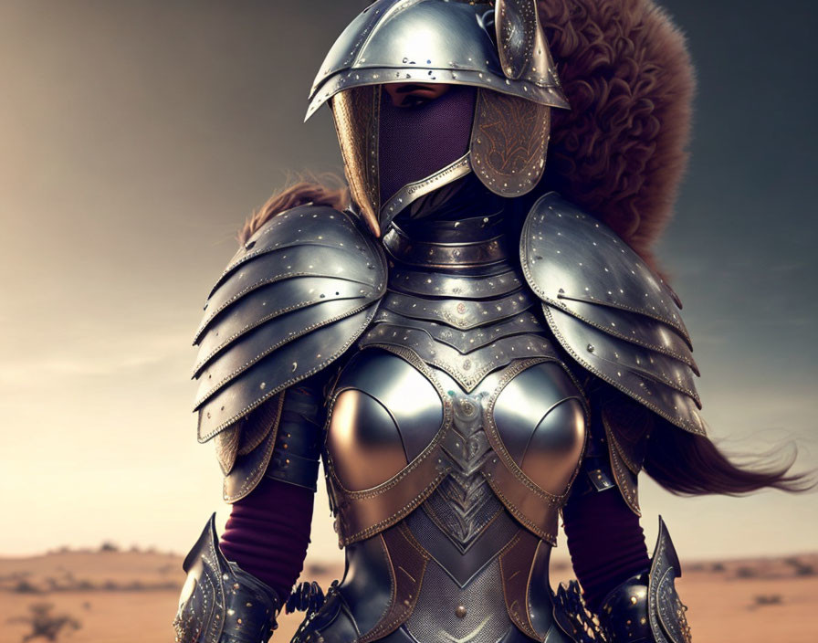 Detailed Fantasy Knight Armor with Helmet and Fur Mantle in Dusky Desert