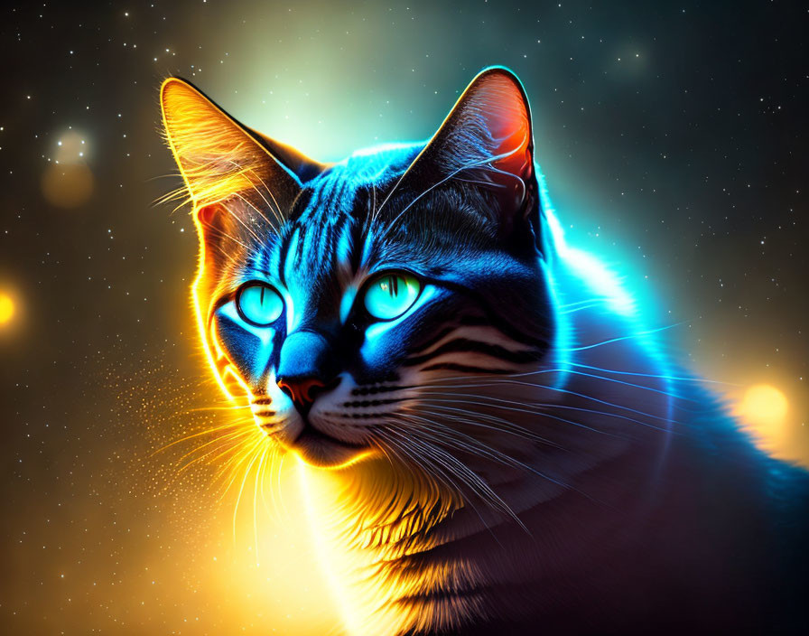 Digital Art: Cat with Blue Eyes & Celestial Background