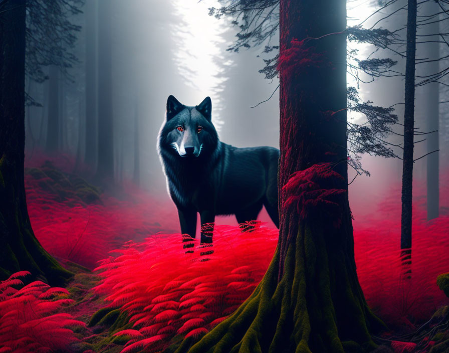 Black wolf in vibrant red forest with mist and soft light.