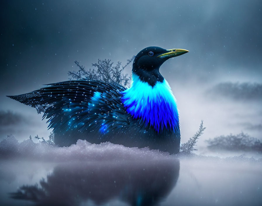 Vibrant blue bird in snowy landscape with falling snowflakes