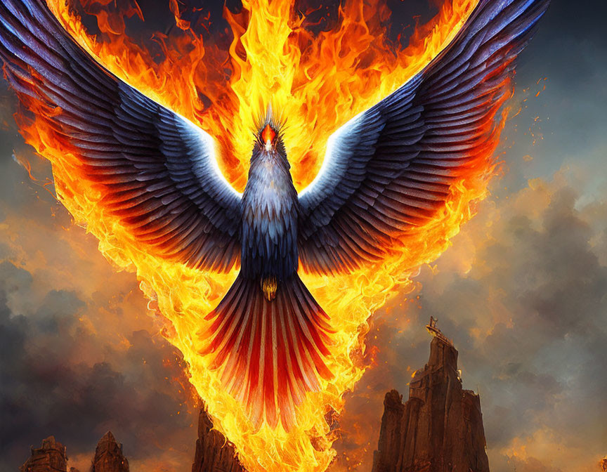 Majestic Phoenix Soaring in Fiery Sky Landscape