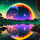 Colorful digital artwork: Giant multicolored planet over serene lake