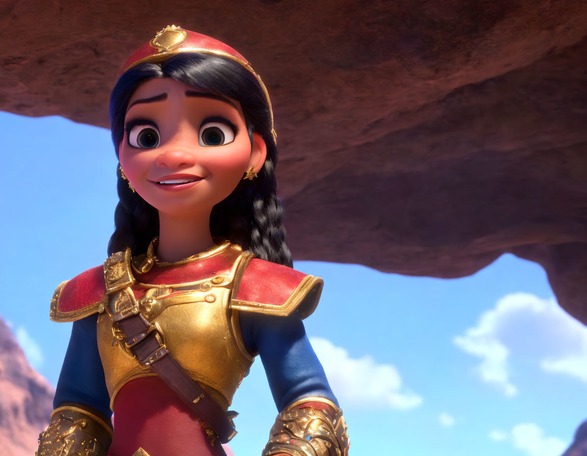 Dark-haired animated girl in red and gold outfit under rocky terrain with sky backdrop