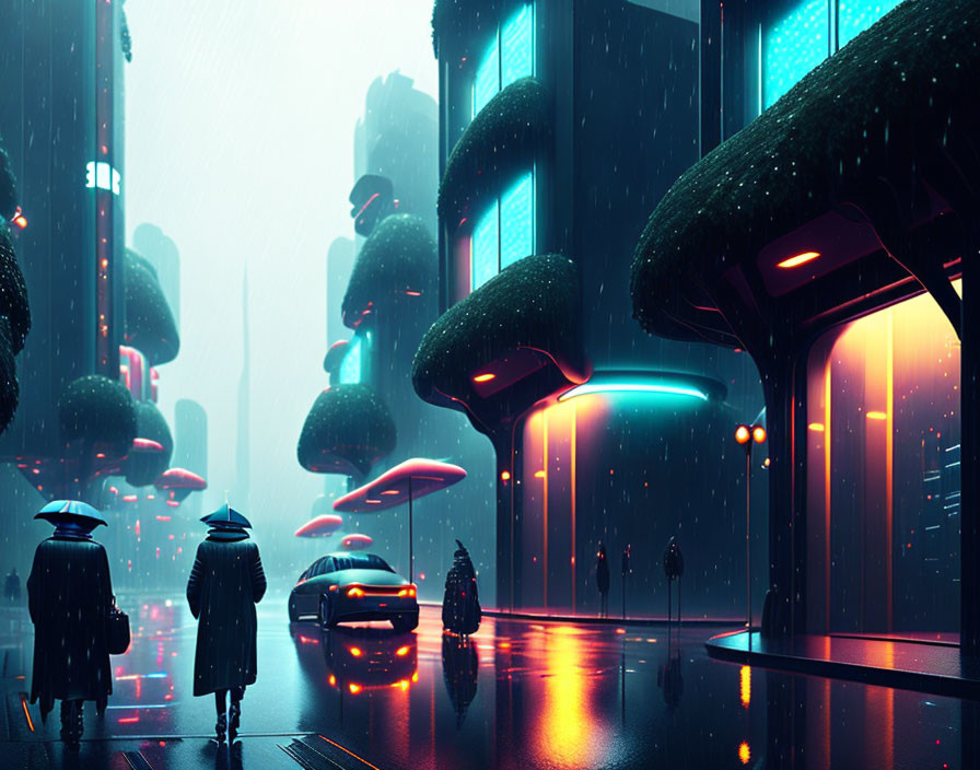 Futuristic cityscape with pedestrians, neon lights, and hovering car in the rain