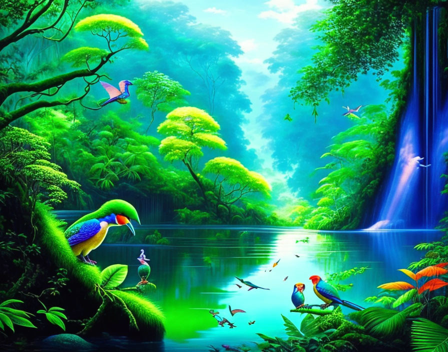 Lush Jungle Scene with Waterfall, Lake, Birds, and Flowers