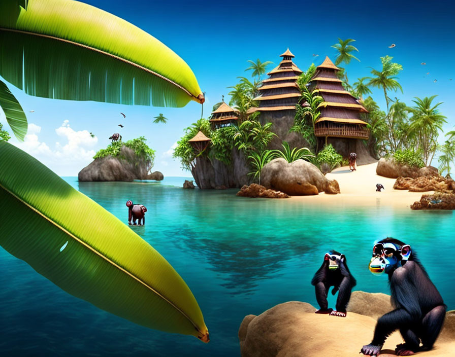 Tropical Island Scene with Blue Water, Huts, Greenery, and Monkeys