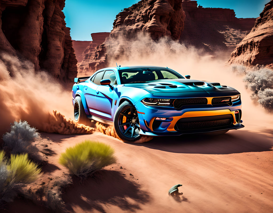 Blue sports car with black and orange details racing in desert canyon.