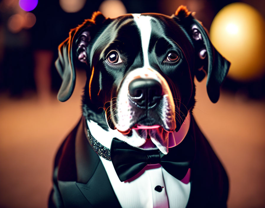 Black and white dog in tuxedo and bow tie with tongue out on colorful background