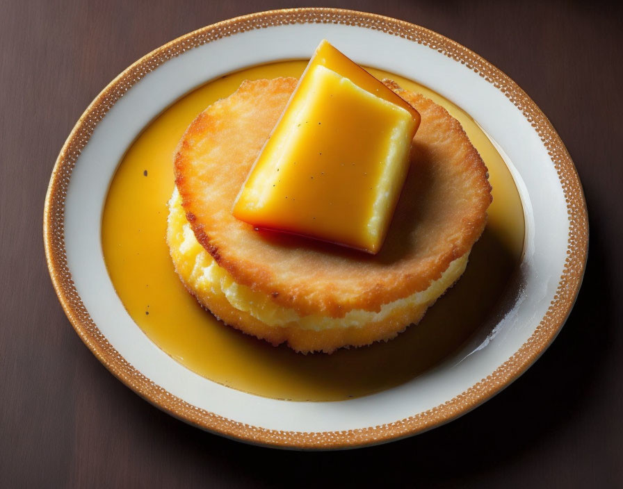 Round pancakes with butter and maple syrup on decorative plate