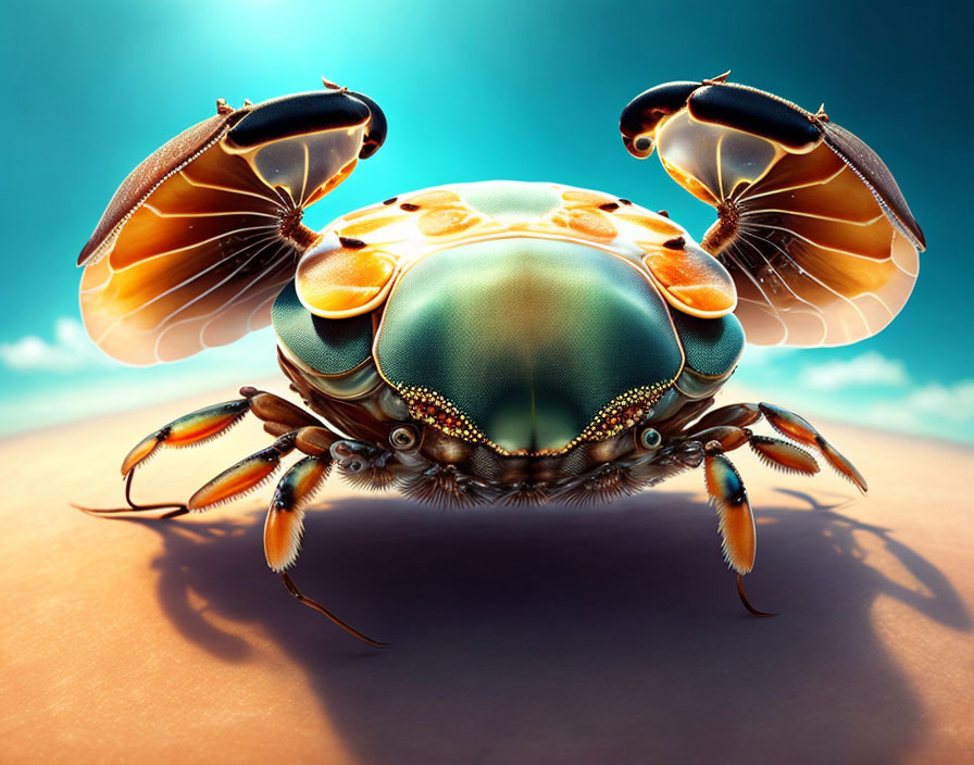 Colorful Stylized Crab Illustration Against Blue Sky