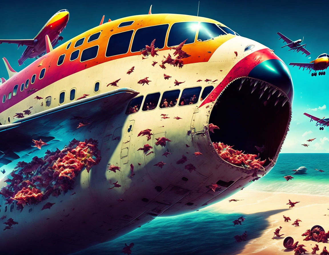 Airplane with shark-like face and teeth surrounded by smaller aircraft on tropical beach.