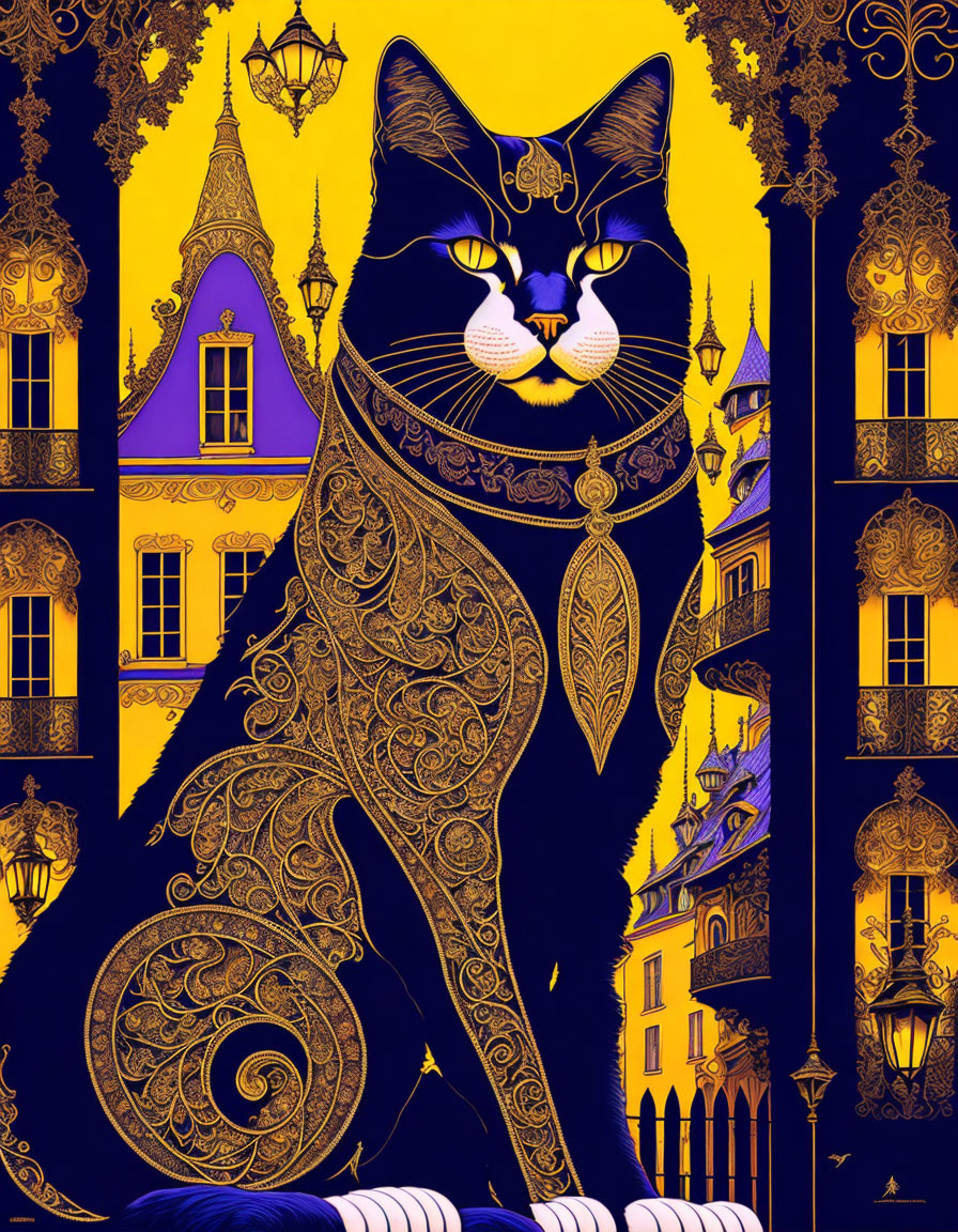 Detailed black cat illustration on yellow background with ornate patterns and stylized buildings.