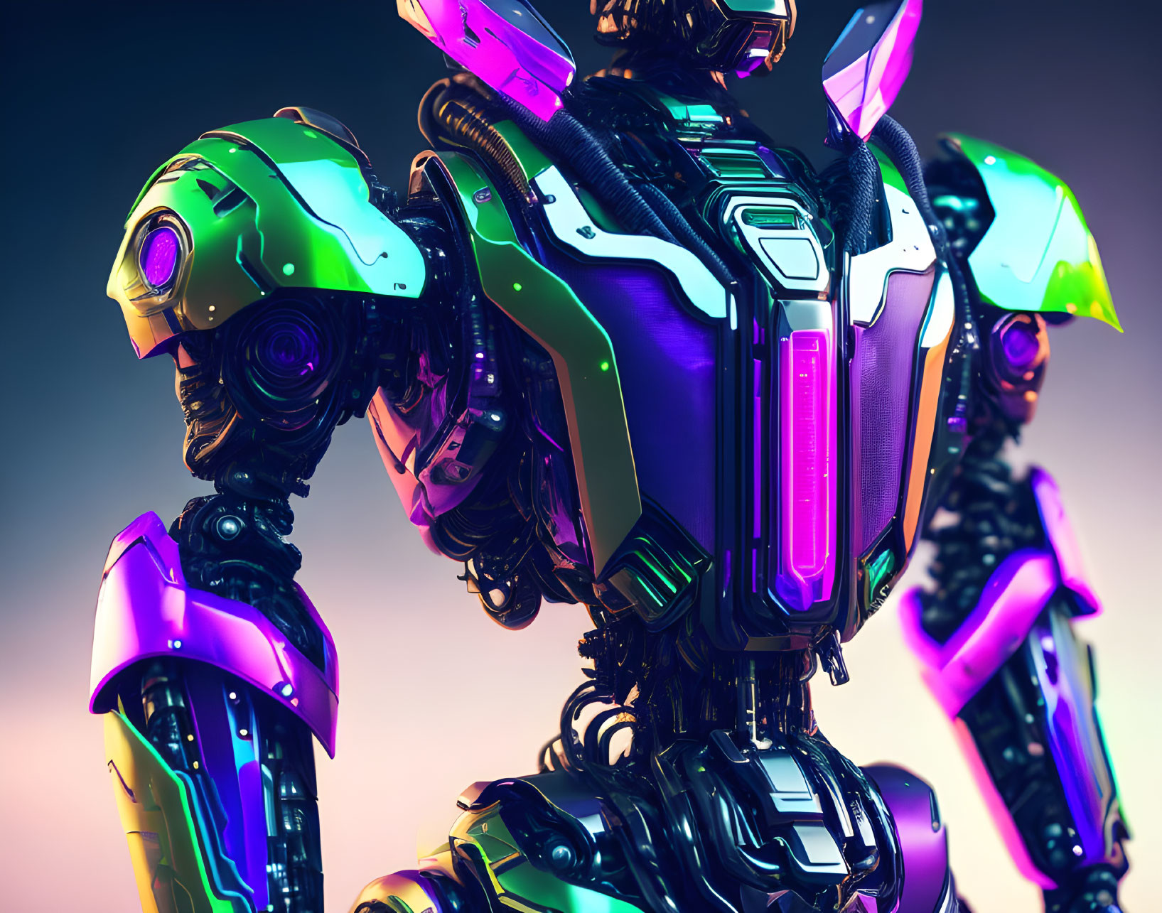 Iridescent Armor Futuristic Robot on Gradient Background