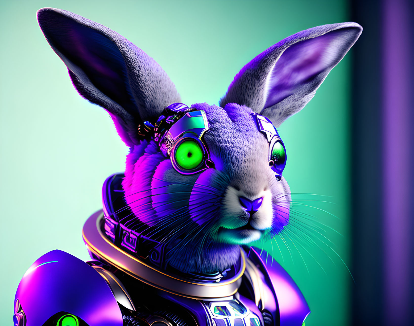 Colorful 3D cyborg rabbit with futuristic armor on green and purple backdrop