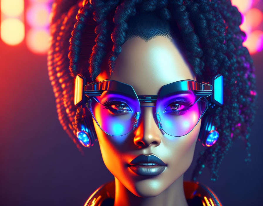 Digital art portrait: Woman with braided hair and futuristic sunglasses in neon lights