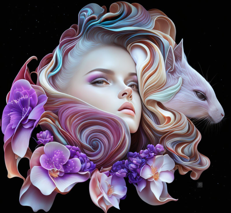 Surreal portrait featuring woman, flowers, white cat, starry backdrop