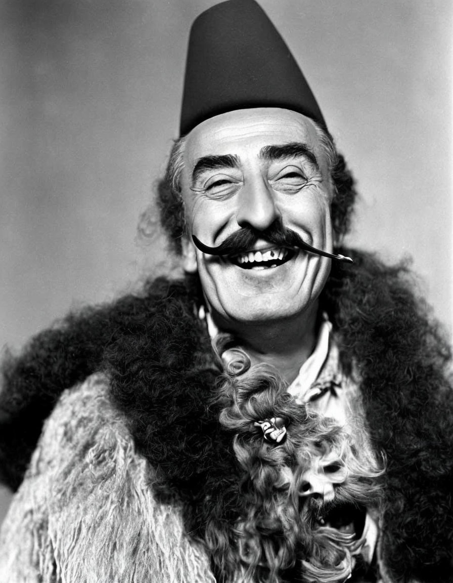 Monochrome photo of a man in feathered hat, exaggerated mustache, pipe, and furry costume